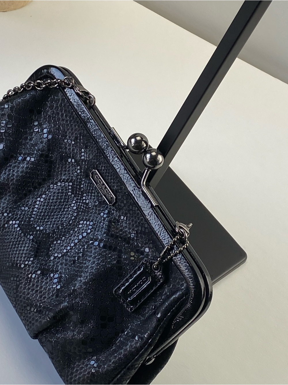 Coach Kisslock Black Python Snake-Textured Frame Clutch Chain Bag - Picture 13 of 15